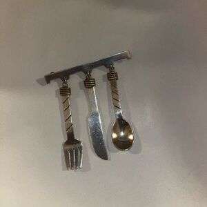 Vintage Sterling Silver Cutlery Dangle Brooch Large Knife Fork Spoon Pendant